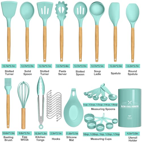 Umite Chef Kitchen Cooking Utensils Set, 24 pcs Non-stick Silicone Cooking Kitchen Utensils Spatula Set with Holder, Wooden Handle Heat Resistant Silicone Kitchen Gadgets Utensil Set (Green)