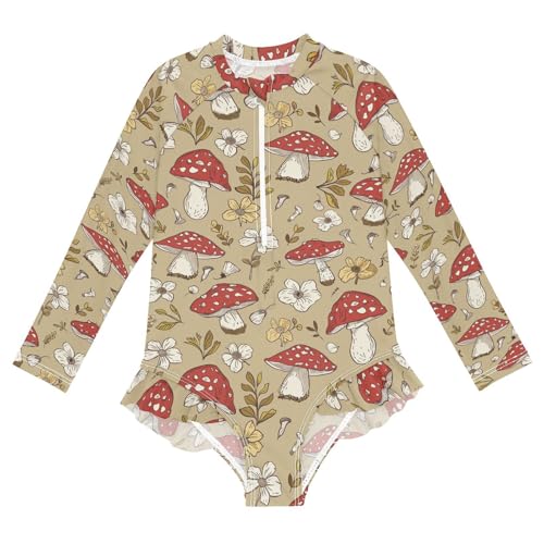 CaTaKu Girls One Piece Swimsuit Amanita Mushroom Toddler Bathing Suit Long Sleeve UPF 50+ Rash Guard Swimwear 3-12Y