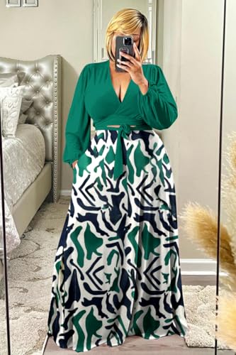 Image of Plus Size Women's 2 Piece Outfits Casual Long Sleeve Wrap Crop Top Maxi Long Dress Flowy Matching Sets