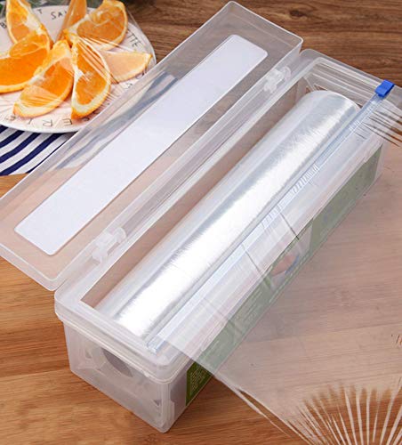Plastic Cling Wrap Refillable Plastic Wrap Dispenser with Slider Cutter Food Wrap Stretch Clear Cling Wrap 12 inch×650 Ft (Cutting Box + Cling Film)
