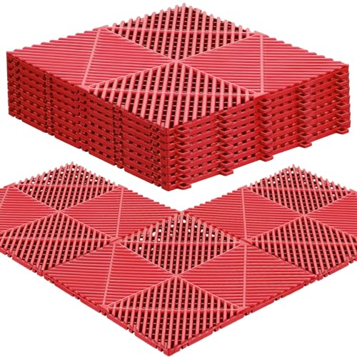 Barydat 24 Pcs 12'' x 12'' Garage Floor Tiles, Interlocking Drainage Flooring, Heavy Duty Non Slip Polypropylene, Easy Install for Garage Deck, Pool, Patio, Shower (Red)