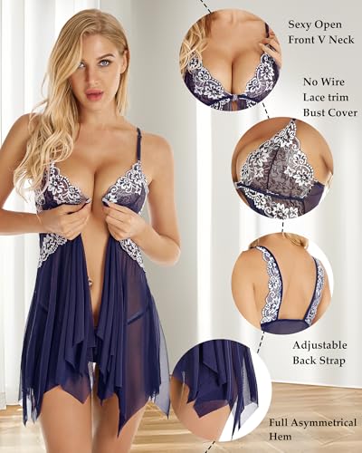 Image of ADOREJOY Women Lingerie Babydoll Front Closure Mesh Lace Chemise Sleepwear Nightie