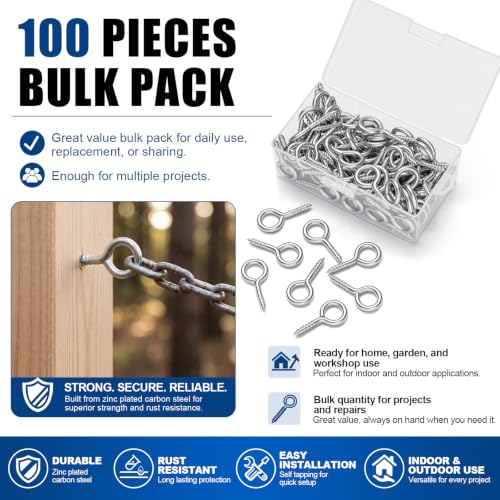Image of Hicarer 100 Pack 2.2 Inch Zinc Plated Carbon Steel Eye Bolt, M6 Thread Heavy Duty Screw Hook, Self Tapping Screw for Wood, Galvanized Ring Bolt for Indoor Outdoor Use