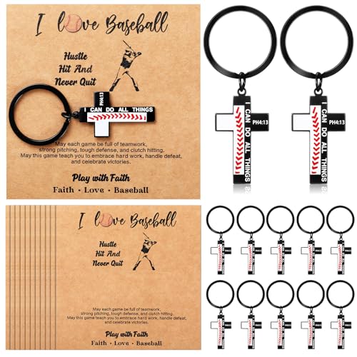 Image of Quelay 24 Sets Football Baseball Softball Christian Cross Keychain with Cards Metal Faith Gift for Teen Athletes