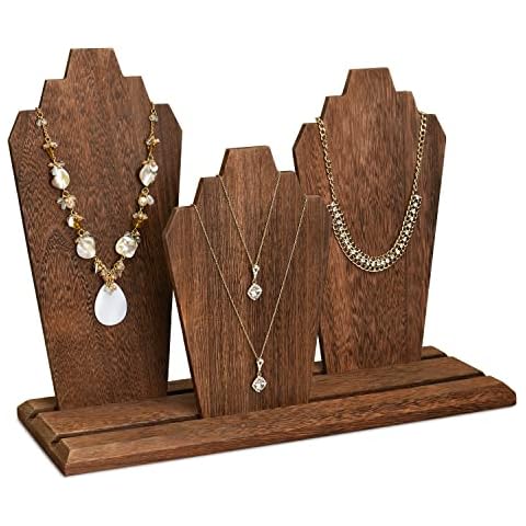 MOOCA Portable Lightweight Multiple Wooden Necklace Display Stand with 2-Row Holder, 3 Removable Displays, and Pegs on the Back, Brown Color Cover