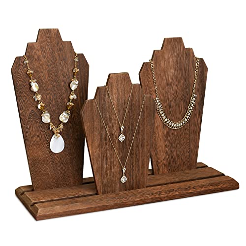 MOOCA Portable Lightweight Multiple Wooden Necklace Display Stand with 2-Row Holder 3 Removable Displays and Pegs on the Back Brown Color