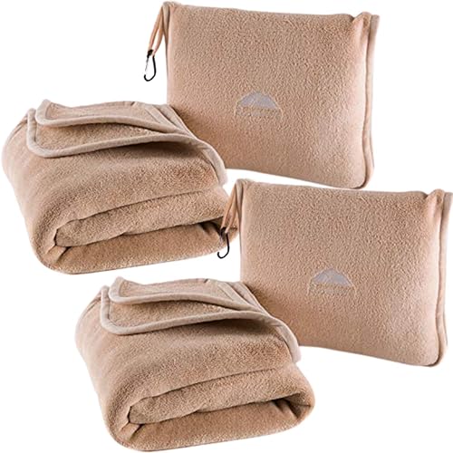 Image of BlueHills 2-Pack Premium Soft Plush Travel Blanket Pillow Airplane Essentials for Two in Bag with Hand Luggage Strap and Backpack Clip Compact Flight Traveling Accessories Plane Blankets Beige T205