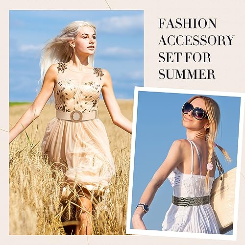 Image of Syhood 3 Pieces Straw Woven Elastic Waist Belt for Women Bohemian Dress Braided Belt