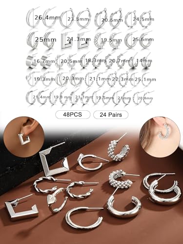 24 Pairs Silver Earring Set for Women, Chunky Earring Multi-pack,Trendy Big Small Open Hoop Earring,Hoop Earrings Set for Party2
