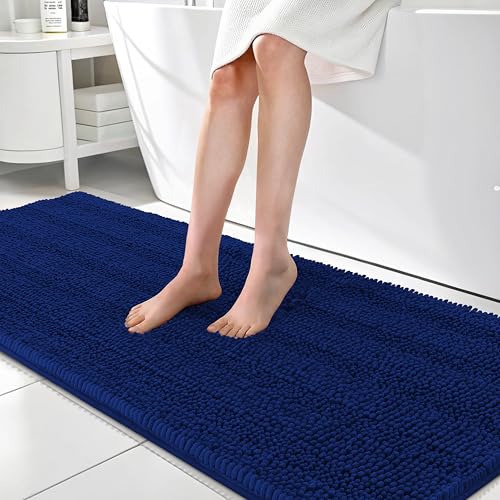 Image of OLANLY Thick Bathroom Runner Rugs 70x24, Absorbent Chenille Striped Bath Rugs, Rubber Backing, Machine Wash Dry, Extra Long Bath Mats for Bathroom Floor, Tub and Shower, Home Decor Accessories, Navy