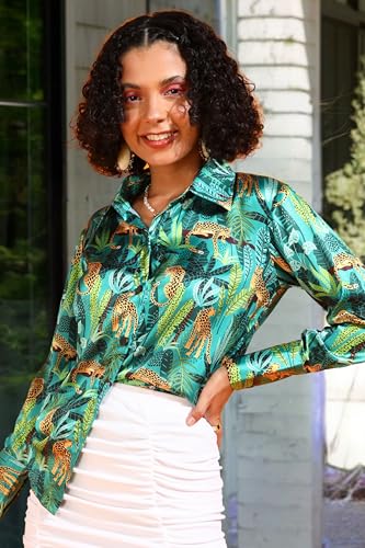 Image of POPWINGS Printed Full-Sleeves Regular-Fit Satin Printed Shirt for Women Stylish Western Casual Wear
