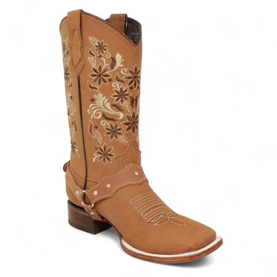 Womens Genuine Leather Western Cowgirl Rodeo Boots Square Toe Gold Tan Embroidered Diamonds Detachable Harness Strap