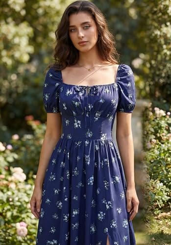 Image of Scarlet Darkness Summer Spring Split Floral Corset Midi Dress with Pockets | Floral dress with elastic sleeves, tie square neck, smocked back, 3 boned waist, left zip, side pockets, front thigh slit