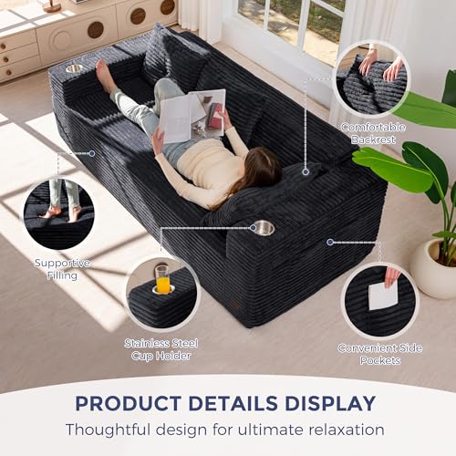Image of MAXYOYO 79 inch Oversized Boneless Loveseat Sofa Couch for Small Spaces, Mini Love Seat Floor Couch with Cup Holders and Pillows, 3-Seater Upholstered Cloud Couch for Bedroom, No Assembly Required