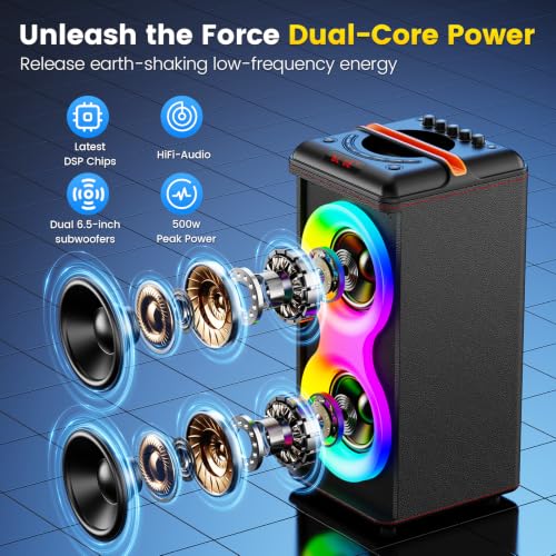 Image of JYX 240W Trolley Party Speaker, 12 Hours Playtime with 2 UHF Wireless Mics, Bluetooth v5.3, Karaoke Party Box, TWS, 6.35mm Guitar Mic Inputs & AUX USB Type-C Port, RGB LED Lights (Black)