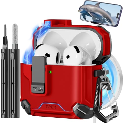 Image of Pohgelan Compatible with AirPods 4 Case (C-RED) | Magnetic Automatic Lock with Phone Stand & Cleaning Kit,Compatible with Magsafe