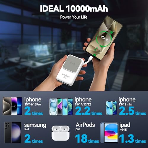 Image of GOOJODOQ Magsafe Power Bank Wireless Powerbank 10000mAh with 20W Magnetic Wireless Fast Charging, 22.5 Wired Output Compatible with iPhone 12 & Above,Type C Smartphones,Tablets(White)