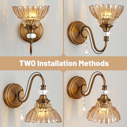 Image of 1 Piece Vintage Wall Sconce, 1-Light Matte Antique Brass Finish Wall Sconce with Hanging Crystal Accents and Flower-Shaped Amber Shades for Bathroom Bedroom Living Room,Vintage Vanity Light