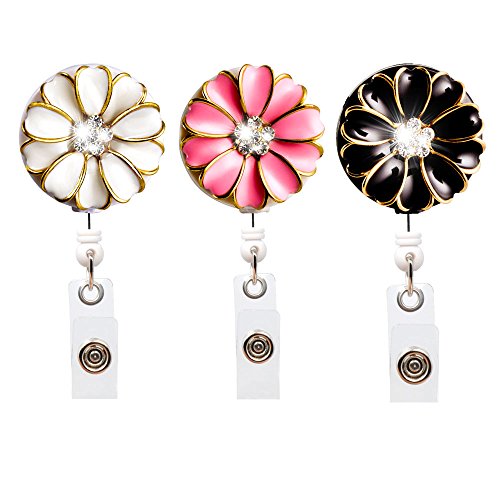 Qinsuee Bling Rhinestones Retractable Badge Holder, ID/Name Badge Reel Alligator Clip with Camellia, Easy to wear, 3 Pack (Multiple)