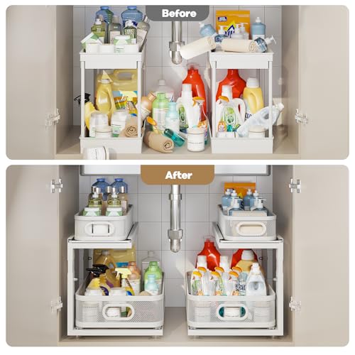 Image of 2 Pack 18.5IN-Depth Under Sink Organizer With Next-Gen Ball-Bearing Slides,2-Tier Precision Mesh Pull Out Cabinet Storage for Bathroom&Kitchen,Height Adjustable Drawers Shelf,Anti-rust-White