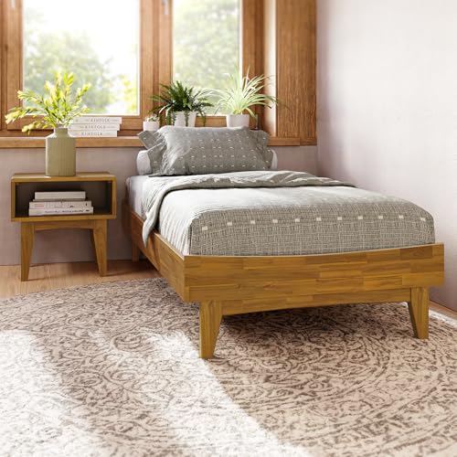 Image of Bme Catherine Twin Platform Bed Frame, Modern Bed Frame Without Headboard, Wooden Low Profile Bed Frame, Acacia Wood Platform Bed Frame, No Box Spring Needed, Supports up to 500lbs - Teak Brown