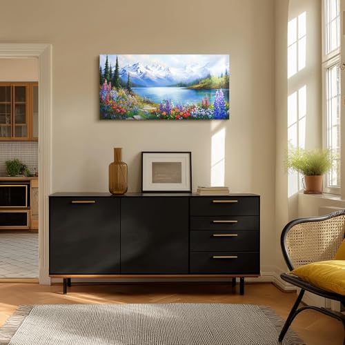 crmotu Lakeside Landscape Wall Art, Nature Wilderness Large Wall Decor, Mountain Tree Wildflowers Scenery Paintings, Cottagecore Canvas Pictures for Living Room Bedroom Farmhouse Art Prints 20x40 Inch