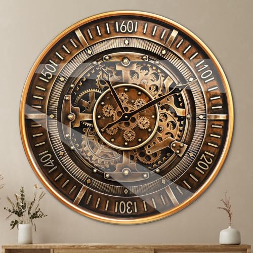24 Inch Large Real Moving Gears Wall Clock Vintage Industrial Steampunk Metal Wall Decor with Convex Glass Silent Non-Ticking Oversized Clock for Living Room Office(24 Inch Antique Brass Gold)