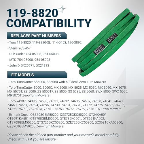 Image of [Upgraded Grip120] BlueStars 119-8820 Deck Belt 1 /2 inch x 141.1 inch | For 50 inch Deck Toro Timecutter SS5000 SS5060 MX5060 MX5025 MX5000 75750 Exmark Quest Replaces 119-8820-SL Toro Zero Turn Parts