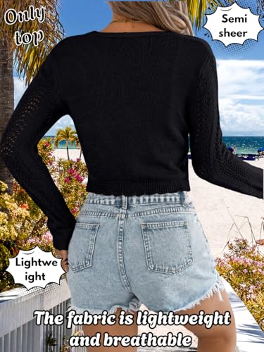Womens Lightweight Cropped Crochet Cardigan, Tie Front V-Neck Hollow Out Cardigans, Casual Knit Tops3
