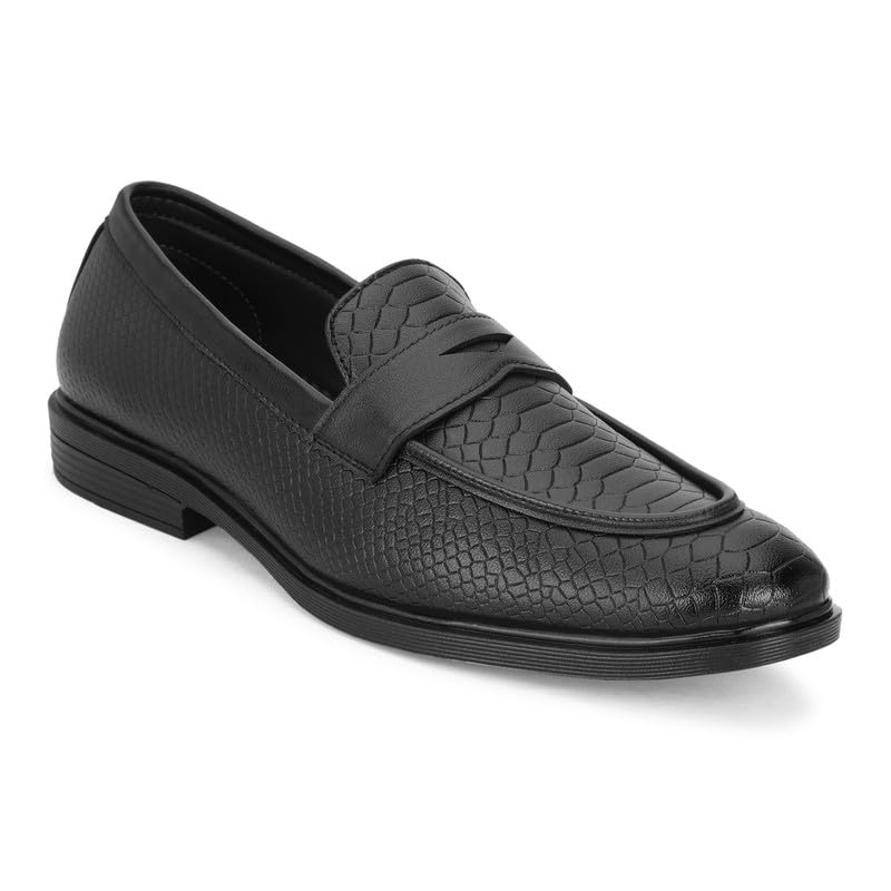 Men’s Premium Black Loafers with Buckle Detail | Textured Slip-On Formal Shoes for Office, Business-image-47