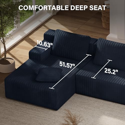Image of LAUSAINT HOME 132 inch Modular Sectional Sofa Couches, U-Shaped Boneless Cloud Sofa with 4 Deep Seat, 6 Cushiones Oversized Chaise for Living Room, Bedroom, Plush Corduroy Fabric (U Shaped,Navy Blue)