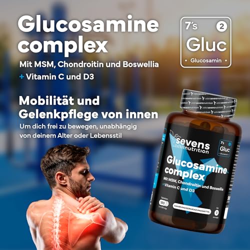 Glucosamin, Chondroitin und MSM – Nahrungsergänzung für Gelenke, Knorpel und Knochen – 180 Kapseln Hochdosiert – Mit Boswellia und den Vitaminen C und D3 – Sevens Nutrition