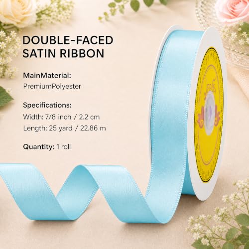 Image of Double Face Light Blue Satin Ribbon 7 /8 inch X 25 Yards Polyester Light Blue Ribbon for Gift Wrapping Very Suitable for Weddings Party Hair Bow Invitation Decorations and More