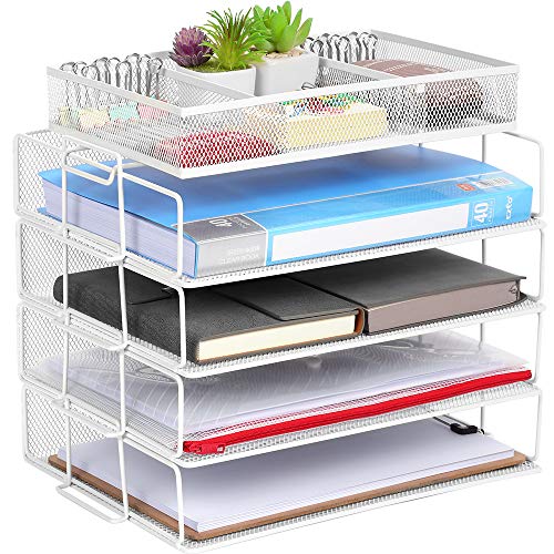 Briefablage mit 5 Ebenen, stapelbar, A4, Papierablage, Netzstoff, Weiß Cover