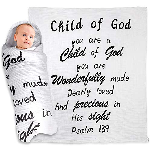 Image of YLOVAN Baby Muslin Swaddle Blankets - ‘Child of God’ Quote - Christening, Baptism, Baby Shower, Godchild Gift for Newborn Boys and Girls (White, 47"x47")