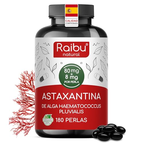 Astaxantina Natural Pura - 80 mg (equivalente a 8 mg de Astaxantina) del alga Haematococcus pluvialis - 180 Cápsulas Veganas: 6 Meses de Suministro - Potente Antioxidante, sin Estearato de Magnesio