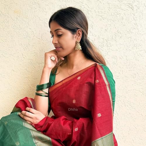 Image of Original Maheswari Cotton Silk Saree for Women | Kanjivaram Pure Silk Cotton Sari with Blouse | Zari Work | Tassels | Handloom Weave