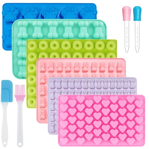 ZYNERY 6 Stück Gummibärchen Form Silikon mit Tropfpipette Backpinsel, Mini Backmatte Hundekekse Backform Herzen Donut Knochen Pfote Eiswürfelform für DIY Hundeleckerlies Bonbon zum Selber Machen