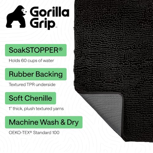 Image of GORILLA GRIP SoakSTOPPER Dog Door Mat, 70x24 Machine Washable Rug Absorbent Doormat Captures Moisture Mud Dirt, Quick Dry Soft Chenille Entryway Rugs Indoor Entrance Mats for Dog Paws, Black