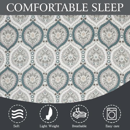 Image of IVAZA 240 TC Soft Ezyption Cotton Floral Print King Size Bedsheet - with 2 Pillow Covers, Hypoallergenic, Brethable, (Size- 90 x 90 Inch) | Damask Firozi