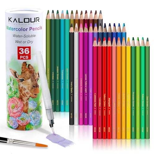 KALOUR Watercolor Pencils with Brush, 36 Colors, Blendable Wet or Dry, Ideal for Coloring Books and Art