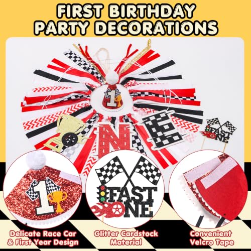 Image of Race Car Fast One Highchair Banner for First Birthday Party Decorations | Pre-strung Race Car Fabric Banner for Boys Black Red High Chair Banner for One Birthday Backdrop Decorations
