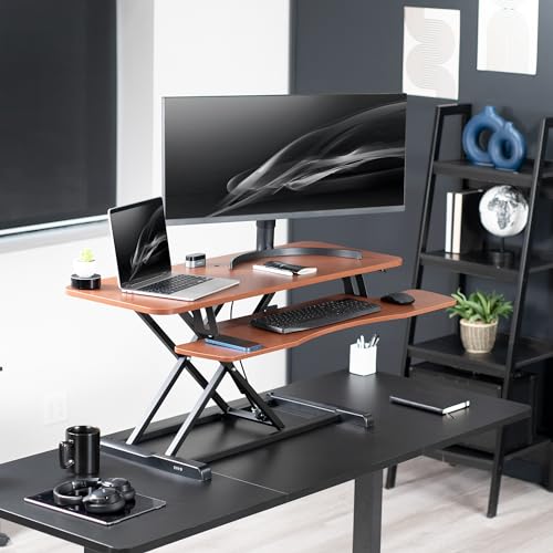 Image of VIVO 42 inch Desk Converter, K Series, Height Adjustable Sit to Stand Riser, Dual Monitor and Laptop Workstation with Wide Keyboard Tray, Dark Walnut Top, Black Frame, DESK-V042KA