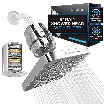 SparkPod Luxury Filtered Shower Head Set 23 Stage Shower Filter - Reduces Chlorine and Heavy Metals - High Pressure Showerhead Filter (6" Square, Luxury Polished Chrome)