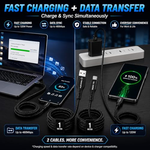 Image of (Pack of 2 120W Fast Charging USB to Type-C Cable, 1 Meter, 10A Charging & Data Sync, Nylon Braided Unbreakable Cable Compatible with OnePlus, OPPO, Realme, Samsung, Vivo, iQOO (100, 2)