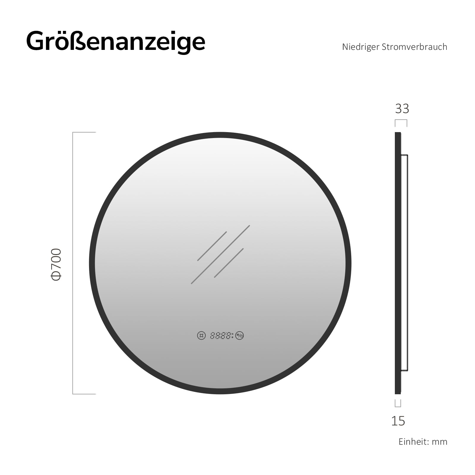 EMKE Badspiegel mit Beleuchtung Rund 70 cm, Anti-Beschlag, 3 Lichtfarben & Dimmfunktion, Uhr, Touch & Memory-Funktion, LED Badezimmerspiegel mit schwarzem Rahmen