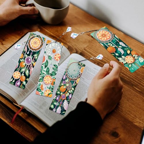 Image of 4 Pcs Diamond Painting Bookmarks, DIY Orange and Dreamcatcher Diamond Art Bookmark Kits for Adults, Rhinestone Drill Fruit Bookmarks with Tassels for Beginners