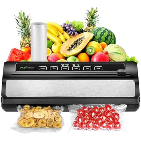 NutriChef Vacuum Sealer | Automatic Vacuum Air Sealing System For Food Preservation w/ Starter Kit | Compact Design | Lab Tested | Dry & Moist Food Modes | Led Indicator Lights, Stainless Steel, Black Cover