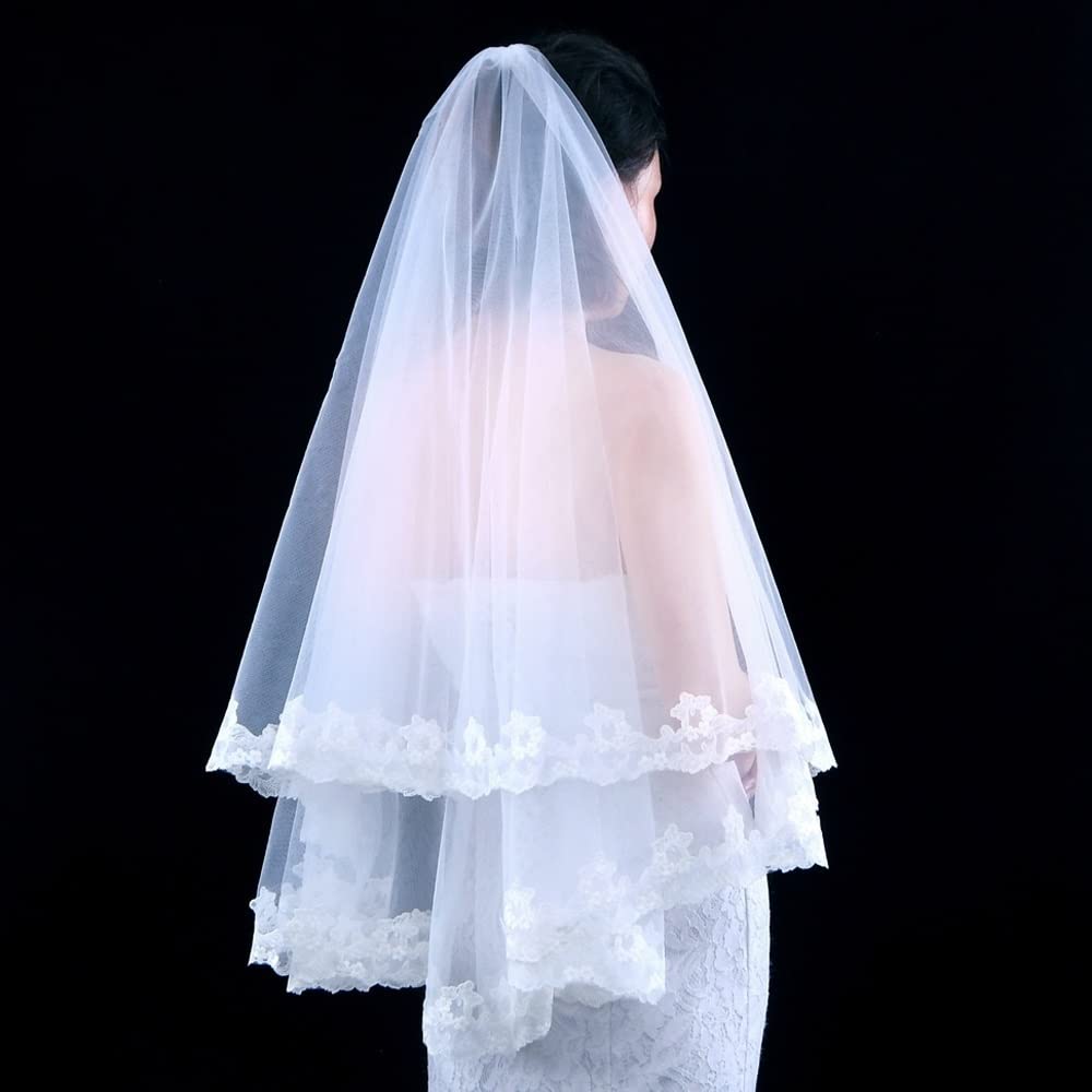 V56 Mode Eleganter Hochzeitsschleier mit gestickten Spitzenapplikationsmotiven Brautschleier mit langem Rouge einstufig Hochzeit (Farbe: gebrochenes Weiß)