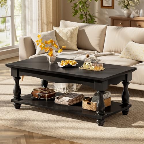 Besiost 47 inch Black Coffee Table with Storage, 2-Tier Farmhouse Coffee Table with Solid Wood Legs, Mid Century Coffee Tables for Living Room